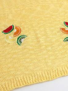 Women's Crew Neck Knit Mini Dress With Ribbed Fabric And Fruit Embroidery, Cute And Elegant For Outings, Dates, Vacations, Spring/Summer - Light Yellow - View 6