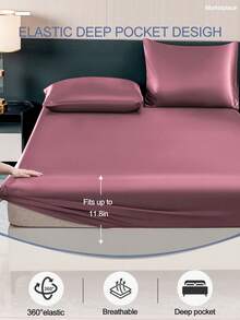 2/3pcs Solid Color Dusty Pink Satin Fitted Sheet Set Simulation Silk Fitted Sheet Set With 1pc Fitted Sheet+1/2pcs Pillow Case Without Filler, Modern Soft Bedding Set For Household King Queen Full Twin Size  Sheet Bedspread Deep Pocket Up To 11.8 Inch Breatheable Wrink-Free Better For Sleep, Machine Washable - Dusty Pink - View 5