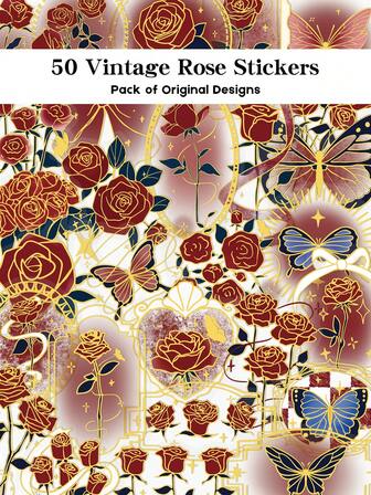 YWWBLD 50 Stücke Vintage Rose Folienprägung Aufkleber für Gepäck, Tagebuch, Notizbuch, Laptop, Aufbewahrungskoffer, Glasraumdekoration, DIY transparente Aufkleber