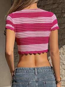 Women's Striped Contrast Color Knit Cropped Cardigan, Short Sleeve, Semi-Sheer, With Tie Drawstring Bow Detail, Asymmetric Hem Pink Summer - Pink - View 3