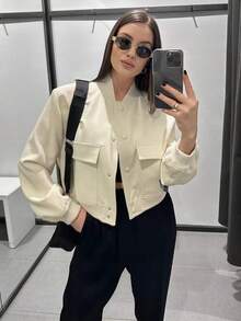 Women's Loose Fit Beige Bomber Jacket, Long Sleeve, Large Pockets, Stand Collar, Casual Street Style Spring Outerwear - Beige - View 2
