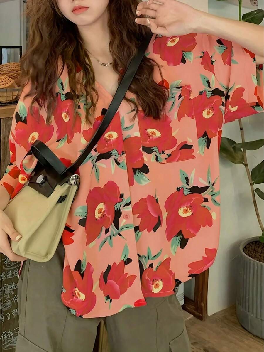 Polyester Floral & Leaf Print Button-Front Shirt, Casual Wear For Spring/Summer Vacation Pink - Pink - View 1