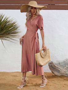 Đầm quấn cổ chữ V xẻ tà, đầm quấn eo kiểu nghỉ dưỡng, đầm quấn màu hồng nhạt kiểu nghỉ dưỡng, đầm tay ngắn eo xẻ tà mùa hè - Màu hồng gỉ - Xem 5