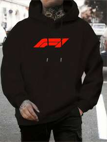 Autumn And Winter Hot Selling Items Men's F1 Logo Hoodie - Soft And Breathable Polyester, Red With Orange And Racing Design, Casual Street Style Pullover, Suitable For F1 Fans, Gym, Casual Wear, Sports Style, Long Sleeve Top, Street Fashion, Durable Fabric, Streetwear Enthusiasts Classic Versatile - 黑色 - 查看 12