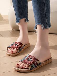 露趾拖鞋，平底，轻便，随机图案，波西米亚风格，男女通用，适合居家穿着 - 彩色 - 查看 5