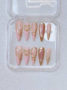 10片Y2K美甲尖头按压式美甲套装 - 手工制作，粉色美甲，金色美甲，粉色法式美甲，手绘金色法式美甲及3D水滴设计，手绘猫眼美甲，闪亮白色仿珍珠和金色星星点缀，精致优雅的美甲 - 适合派对和休闲装扮，是送给女性和女孩的完美节日礼物。 - 彩色 - 查看 3