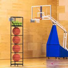 5 Tier Ball Storage Rack, 4 Ball Storage Rack With Basket, Corner Ball Holder For Basketball, Football, Volleyball, Vertical Ball Rack, 12.4" X 12.4" X 66.3", Black - Black - View 7