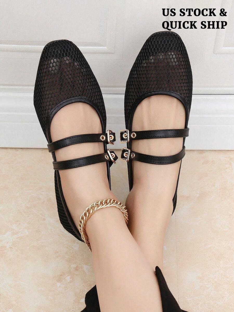ADAMUMU Print Mesh Breathable Women's Flat Sandals, Mary Jane Ballet Flats, Lightweight & Comfortable Square Toe Hollow-Out Casual Slip-On Shoes - 黑色 - 查看 1