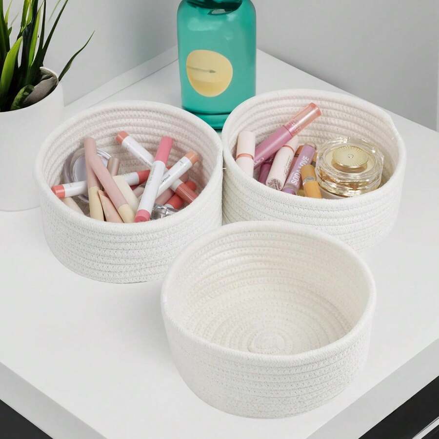 1pc Cotton Rope Storage Box, Woven Desktop Covered Jute Organizer Basket, Round Multi-Purpose Catchall For Toys, Cosmetics, Household Items, Gift, Blue