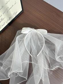 1件白色面紗珍珠蝴蝶結髮箍，極簡兒童婚禮飾品 - 彩色 - 查看 5
