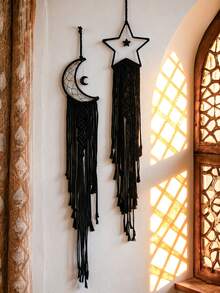 2pcs Handmade Crochet Lace Star Moon Dream Catcher Wall Hanging, Boho Style Home Decor Wall Art, Suitable For Home, Wedding, Living Room, Bedroom, Holiday Gift (Lights Not Included) - Black - View 2