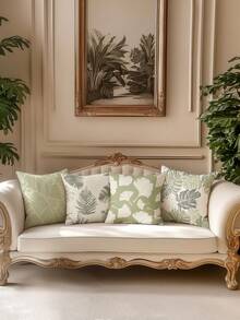 4件套浅绿色花卉图案柔软舒适抱枕套，畅销款，家居装饰抱枕套，适用于沙发、客厅、卧室，不含枕芯 - 淡綠 - 查看 2