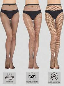 3Pcs Women's Sexy Fishinet Tights, For Daily Life, High Waisted Mesh Pantyhose, Slim Fit, Comfortable, Suitable For All Seasons, Dates, Parties, Dance  Fabric    Hollow Out - 黑色 - 查看 1