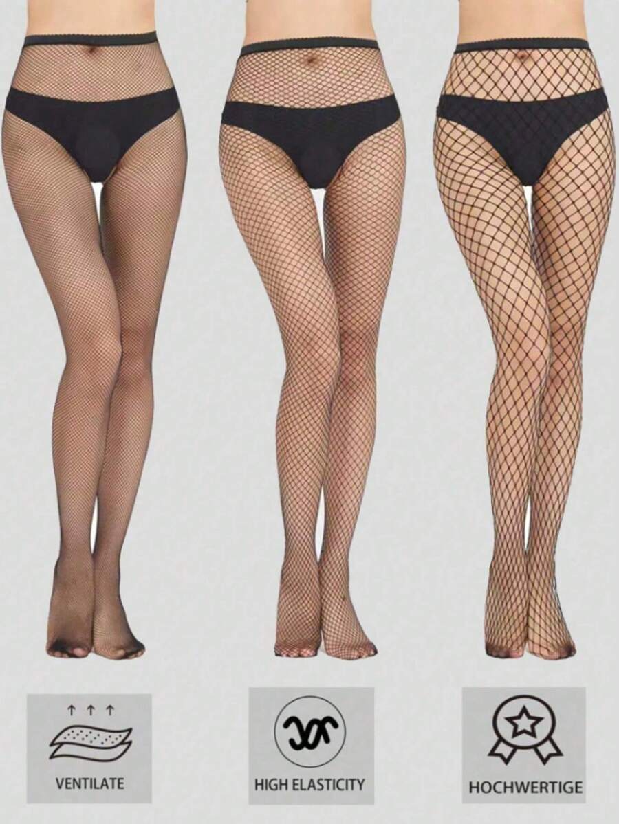3Pcs Women's Sexy Fishinet Tights, For Daily Life, High Waisted Mesh Pantyhose, Slim Fit, Comfortable, Suitable For All Seasons, Dates, Parties, Dance  Fabric    Hollow Out - 黑色 - 查看 1