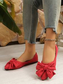 2026 Spring/Autumn New Korean Bowknot Flat Pointed Toe Slip-On Shoes For Women, Suitable For Beach, Home, Office - Red - View 4