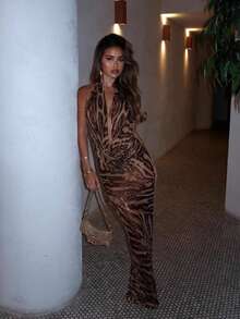 Women's Dress, New Style, Fashionable And Sexy V-Neck Collar Dress With Leopard Print Sequin Skirt - 豹紋 - 查看 3
