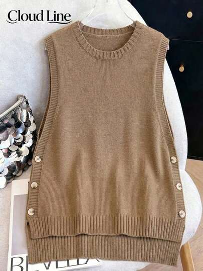 大码女式无袖针织背心，侧边纽扣宽松中长款打底背心，春季款