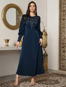 Women's Solid Color Round Neck Elegant Long Sleeve Maxi Arabic Dress With Rhinestone, Pearl Embellishments, Waist Tie Design, Soft & Comfortable, Suitable For Festivals, Daily, Casual Wear - Royal Blue - View 5