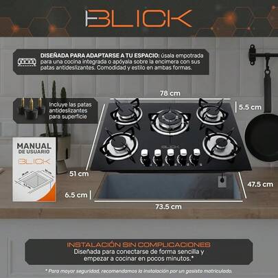 Blick Parrilla de gas empotrable con 5 quemadores Parrilla de gas y natural 5 quemadores con vidrio templado parrilla con encendio electrónico