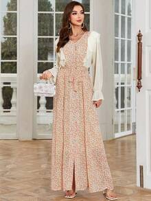Đầm cardigan chiffon in họa tiết thanh lịch dành cho nữ, đầm dài kiểu Trung Đông Ả Rập. - Màu be - Xem 1
