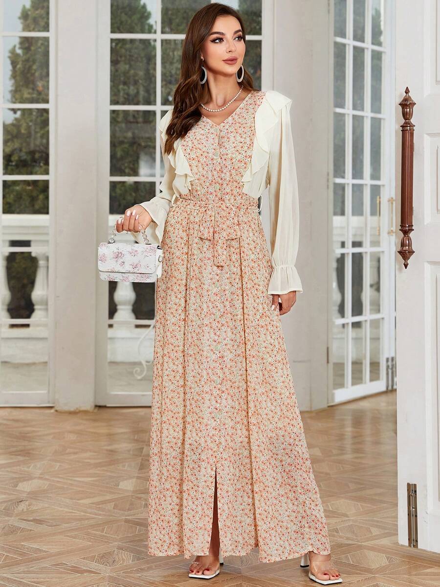 Đầm cardigan chiffon in họa tiết thanh lịch dành cho nữ, đầm dài kiểu Trung Đông Ả Rập. - Màu be - Xem 1
