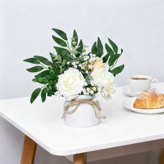 10-Inch Artificial White Rose & Eucalyptus Potted Plant, DIY Home Decor, Can Be Placed On Windowsill Or Tabletop To Add A Gentle Ambiance To Living Room Or Bedroom; Also Suitable For Afternoon Tea Or Soft Furnishing Arrangements, Maintenance-Free, Retains Elegant Charm, Effortlessly Infuses Spaces With A Fresh, Natural Vibe.