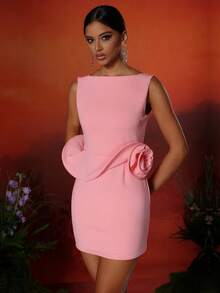 Love Aing Pink Floral-Applique Haterneck Rosette Open-Back Party Mini Dress