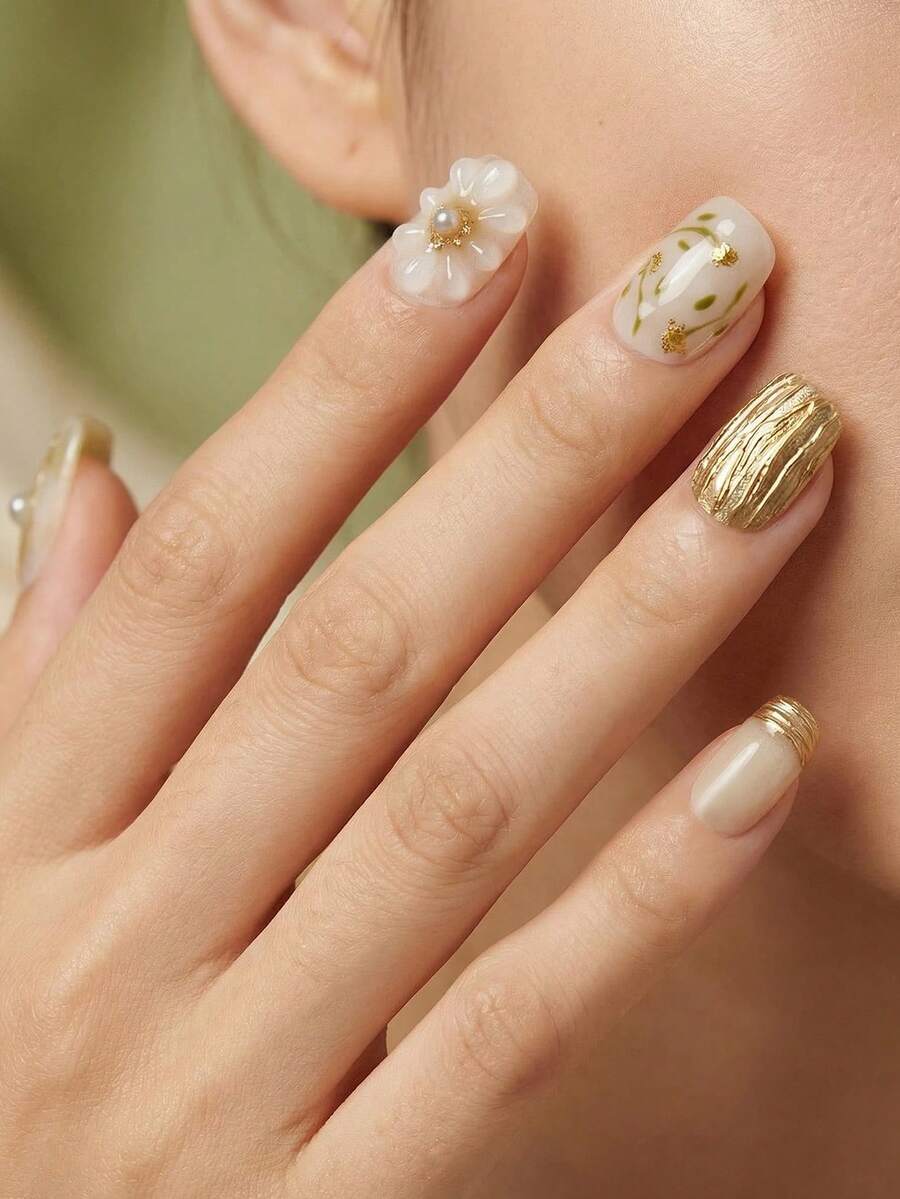 10片装优雅高端金边3D珍珠小花金色扎染美甲贴纸 - 金色 - 查看 1