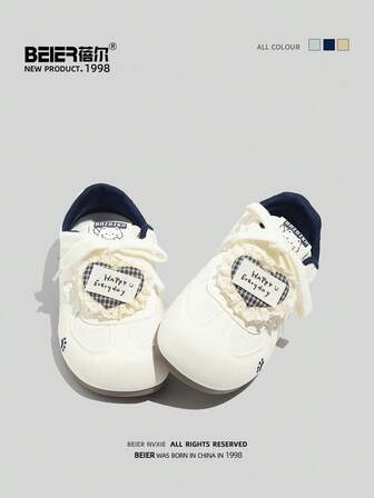  BEIER Casual New Fashion Mångsidiga Läder Casual Skor, Dam Rundtå Platta Snörskor