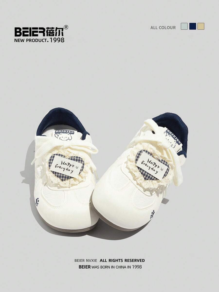 BEIER Casual New Fashion Versatile Leather Casual Shoes, Women Round Toe Flat Lace-Up Sneakers - Blue and White - View 1