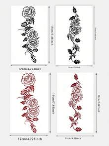 1-4张情人节海娜纹身贴纸，防水防汗，红黑玫瑰藤蔓图案，色彩鲜艳时尚，适用于手部和指甲，花卉设计，临时纹身，适用于生日、婚礼和派对装饰，可持续3-5天 - 彩色 - 查看 2
