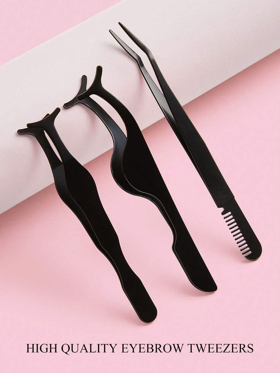 3pcs/set Black Seahorse + Pumpkin + Comb Tweezers For False Eyelashes Extension, Makeup Essential Tool - Black - View 1