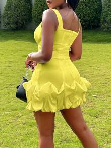 Women's Sleeveless Square Neck Back Zip Ruched Cocktail Party Mini Dress, Bridal Shower Dress, Wedding Dress,Bride - Yellow - View 4