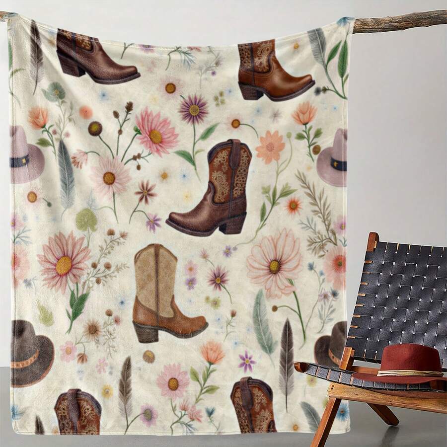 Retro Western Cowboy Theme, Cowboy Boots, Cowboy Hats, Cacti, Feather Design Patterns, Modern Home Style,Super Soft Flannel Printed  Blanket,As Birthday Gifts, Family, Wedding, Souvenir Blankets, Polyester Blankets Suitable For All Seasons, Washable, Machine Washable, Lightweight, Breathable, Comfortable, Warm, Unique, 280gsm For Him, Her Personalized Ideal Gifts For Her, Him, Family, Boyfriend, Girlfriend, Father, Family, Mother, Lover, Daughter, Son, Grandfather, Grandmother, Teacher,Doctor, Nurse,Friend, Classmate, Pet.Perfect Nap, Camping, Travel, Home, Daily Life, Office Decoration, Birthday, Anniversary, Valentine's Day, Thanksgiving, Graduation Season,Christmas, Halloween, Mother's Day, Father's Day, Wedding, New Year Gifts ,Sofa,Bed,Car,Bedroom,Living Room,Office,  Outdoor Camping, Beach,Wall Decoration - 多色41 - 查看 1
