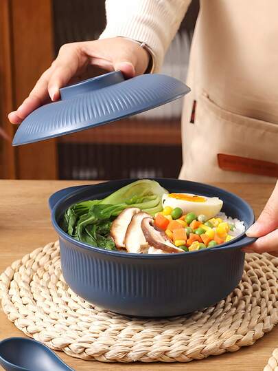 3pcs Portable Ramen Bowl Set (Includes 1 Lid, 1 Spoon And 1 Bowl). Japanese Ramen Bowl Style. Minimalist Vertical Stripe Design, With Lid And Spoon. Holiday Tableware. Microwave . Durable And Easy To Clean. Suitable For Noodles, Rice, Soup And Desserts. Designed For Dorm, Home, Picnic And Outdoor Activities. Designed For Serving Food; Not For Direct Heating.