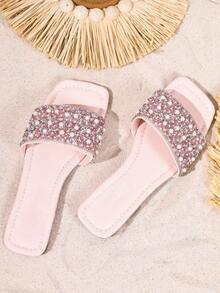 Summer Pink Flat Slide Sandals Women Square Toe Rhinestone Pearl Embellished Slip On Beach Slippers Fashion Daily Wear - 彩色 - 查看 4