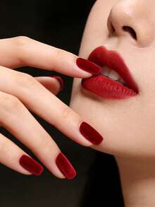 10pcs Coffin Shaped Nail Stickers, Textured, Y2K Aesthetic, Blood Red Press-On Nail Stickers, Red Nails, Acrylic Press-On Nails, Press-On Fake Nails, New Year Nails, Valentine's Day Nails, Includes 1pc Jelly Gel And 1pc Nail File, Suitable For Women And Girls Daily Wear, Rave Party Nail Supplement, Press-On Nails, Nail Art Supplies. - Red - View 4