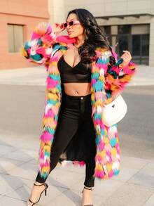 FHILLINUO Plus Size Women Fashion Lapel Collar Color Block Mid-Length Fluffy Coat, Suitable For Daily Street, Travel, Tea Party, Airport, Autumn/Winter Vacation - Nhiều màu - Xem 4