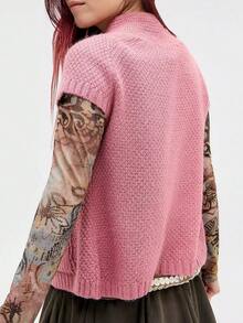 Womens Spring Summer Short Sleeve Cardigan Sweaters Crew Neck Button Down Ribbed Knit Outwear Y2k Clothes - Pink - View 4