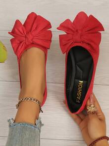 2026 Spring/Autumn New Korean Bowknot Flat Pointed Toe Slip-On Shoes For Women, Suitable For Beach, Home, Office - Red - View 2