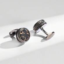 1 Pair Black & Brown Striped Enamel Thick Round Copper Alloy Angled Cufflinks, Fashion For Men's Shirt & Suit, Party & Gathering - Black - View 3