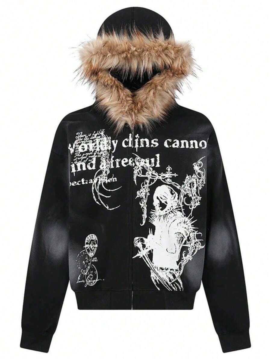 Mens 3D Graphic Zip Hoodie With Faux Fur Trim Oversized Gothic Streetwear Jacket Vintage Print Pullover For Casual - màu đen - Xem 1
