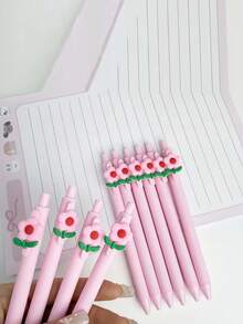 6pcs Random Minimalist Valentine's Day Theme Retractable Ballpoint Pens, Pink Floral Stickers, Gifts, Office Pens, Writing Pens, Correction Tools, Back To School Stationery, Exam Pens, Teaching Pens, Party Favors, Surprise Gifts - Multicolor - View 6