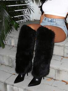 Women's Faux Fur Winter Fluffy Knee High Boots Warmers Sexy Soft Boot Cuffs Cover Pointed Toe High Heel Dressy Fold Over Tall Boots - 黑色 - 查看 3