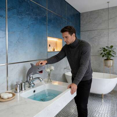 Shark Faucet Filter: This Fun Shark-Shaped Faucet Accessory Is Creating A "Bathroom Fever" - Its Fashionable Silicone Material, Easy Installation, And Cute Water Flow Effect Make It A Must-Have Home Essential! It Is Both Practical And Can Add A Playful Touch To A High-End Bathroom (No Brand, Just A Novel Home Product)!