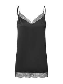 Women's Long Camisoles Tops Spaghetti Strap Stylish Solid Color Lace Trim Casual Tank Tops - Black - View 1