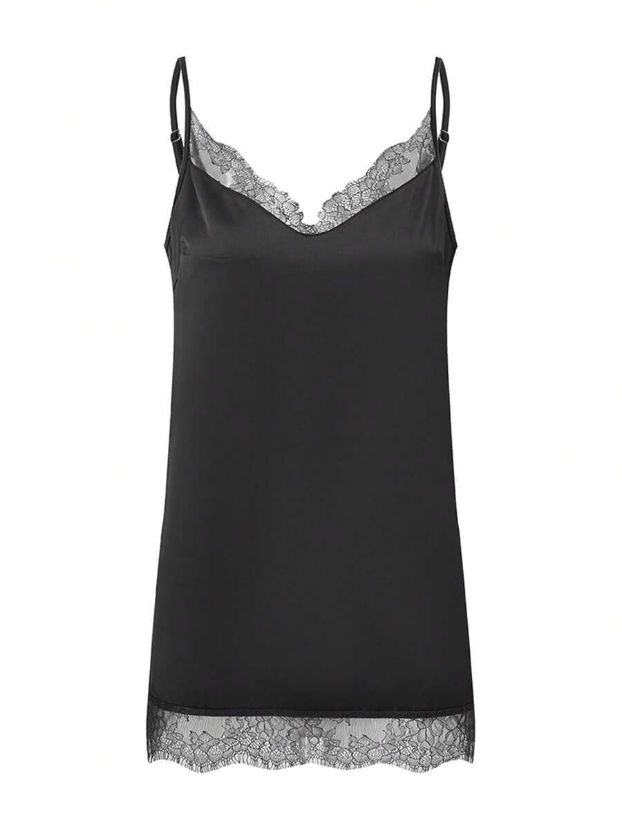 Women's Long Camisoles Tops Spaghetti Strap Stylish Solid Color Lace Trim Casual Tank Tops - Black - View 1