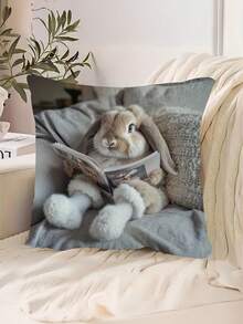 1/2/4pcs Cute Rabbit Reading Pillow Cover - Soft Polyester Fabric, Single-Sided Print, Zipper Closure, Ideal For Living Room And Bedroom Decor, Hand Wash Only, Without Pillow Insert, Perfect Gift For Mother's Day And Easter, Rabbit Themed Decoration - Grey - View 1