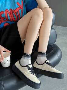 5 pares de calcetines cortos para mujer, estampado de letras deportivo y casual, rayas coloridas de malla transpirable y absorbente del sudor, diseño sencillo para primavera/verano - Multicolor - Ver 5