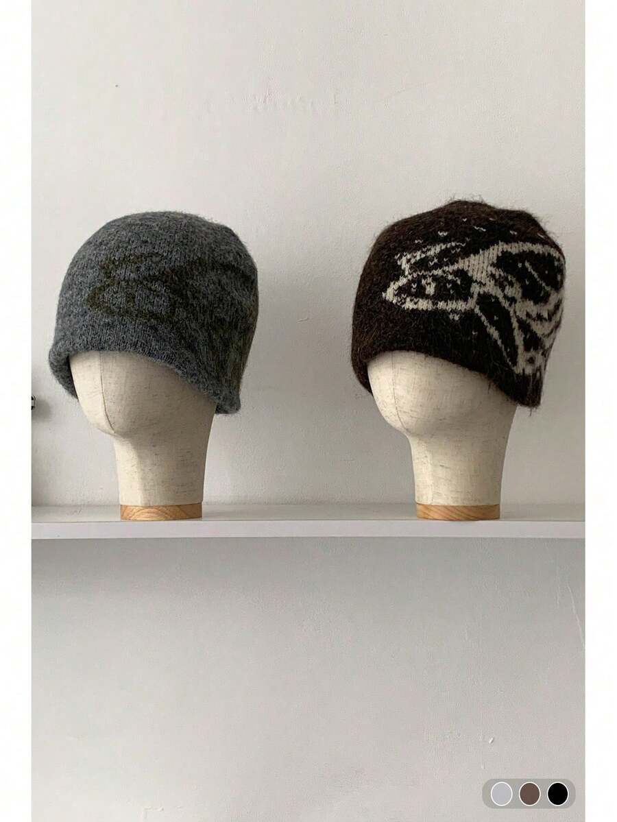 秋冬街头风提花针织帽，百搭保暖拉绒针织帽，适合女性，适合小号至大号头围 - 彩色 - 查看 1